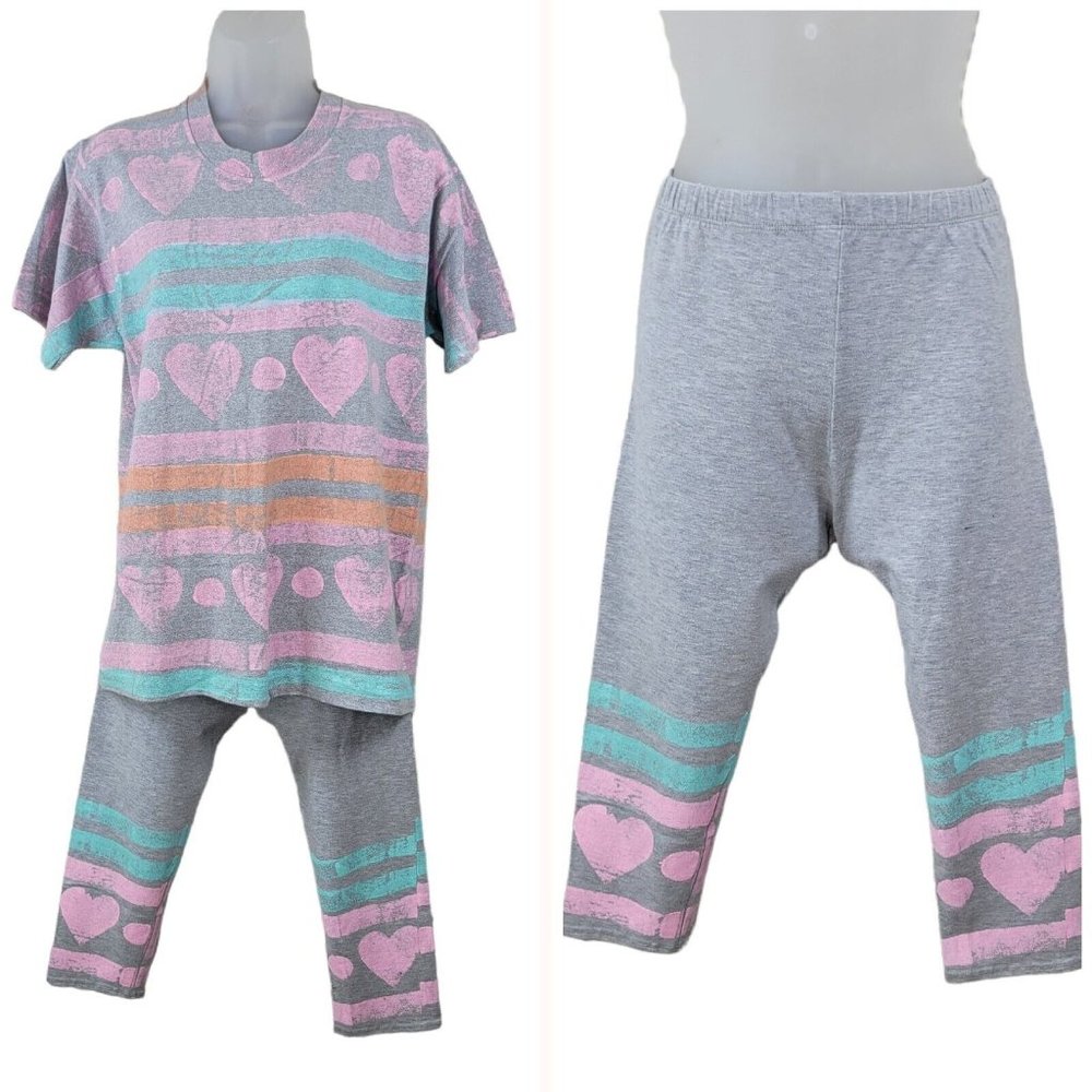Vintage 90s T-Shirt Pants Set Girls size Large Outfit Painted All Over Print